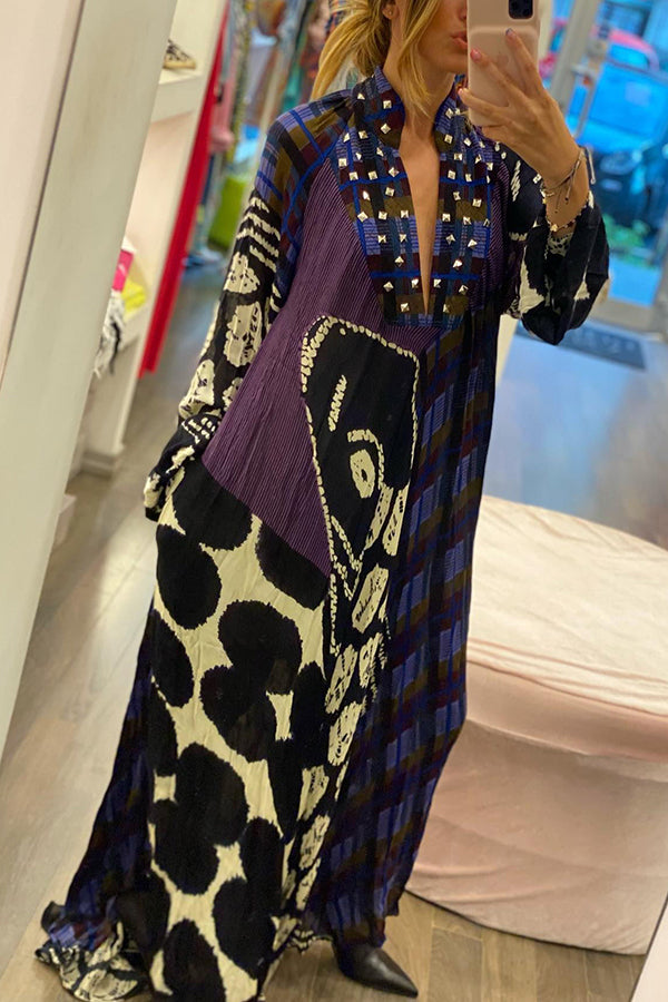 Kreatives Maxikleid mit Farbblock-Print und langen Ärmeln und Taschen