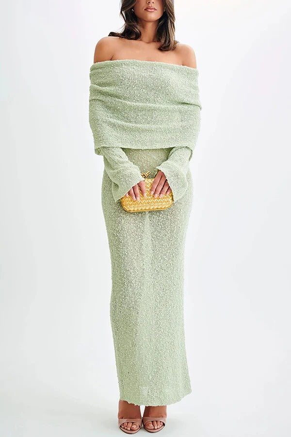 Marisol – Schulterfreies, drapiertes Maxikleid aus geripptem Bouclé-Material mit Stretchanteil für den Urlaub