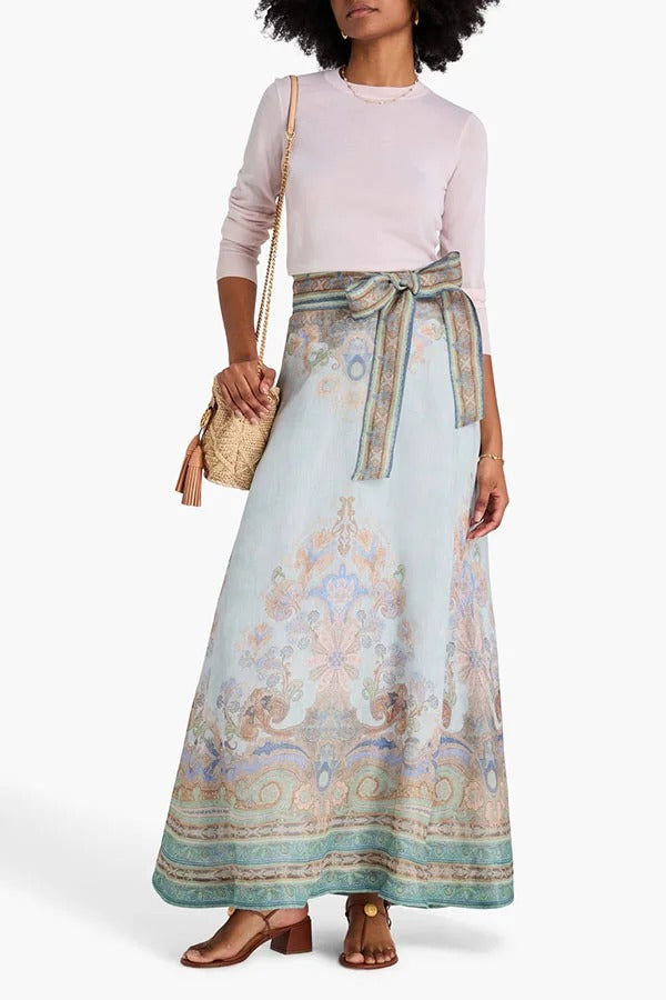 Next Vacation Linen Blend Paisley Print High Rise Tie-up Waist Maxi Skirt