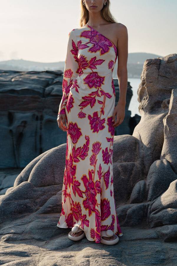 Rhia – Ausgestelltes Maxikleid aus Satin mit Blumenmuster und One-Shoulder-Träger