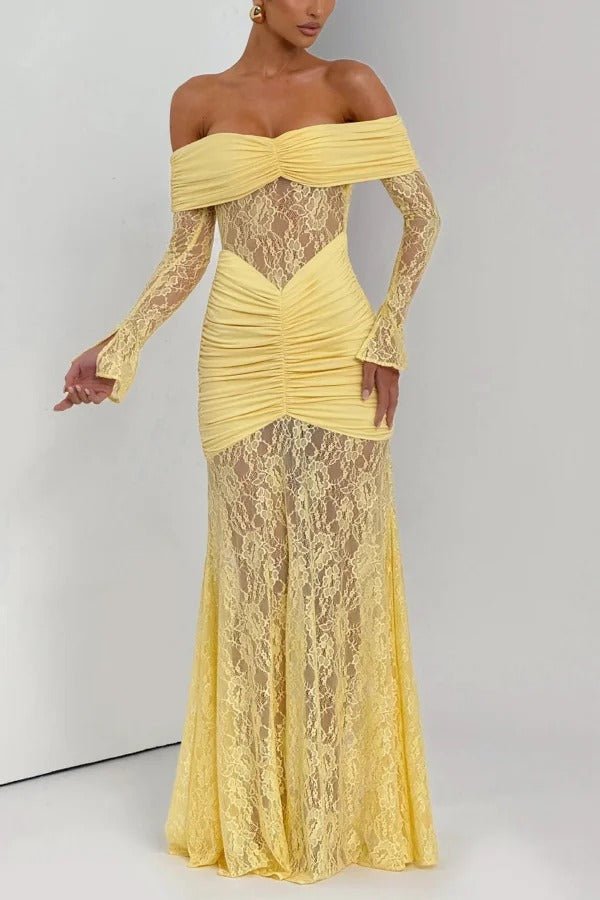 Solid Color Patchwork Lace Off-shoulder Long-sleeved Pleated Slim-fit Maxi Dress