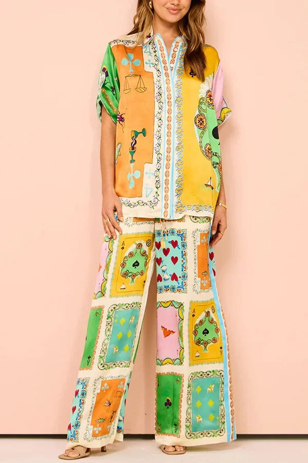 Lustige Poker Sommer Satin Einzigartiger Druck Elastische Taille Taschen Weite Beinhose