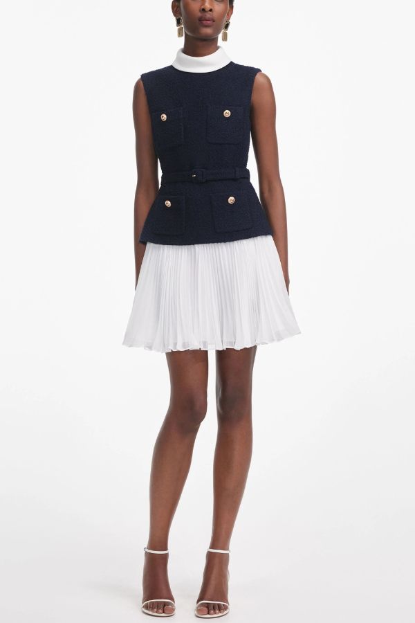 Sporty Elegance Tweed Metal Button Belted Pleated Hem Mini Dress