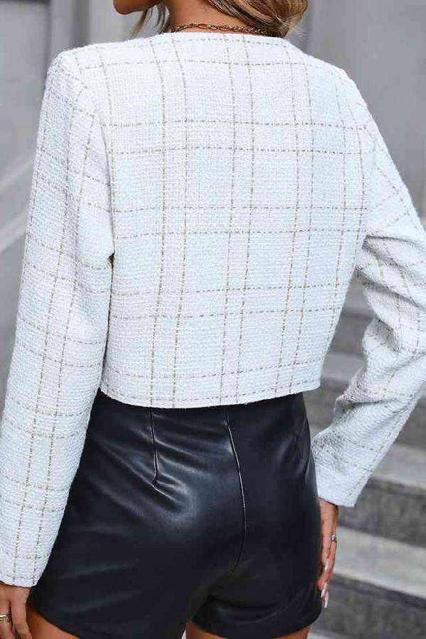 Zayla Kurzmantel aus kariertem Tweed mit Rundhalsausschnitt und Metallschnalle