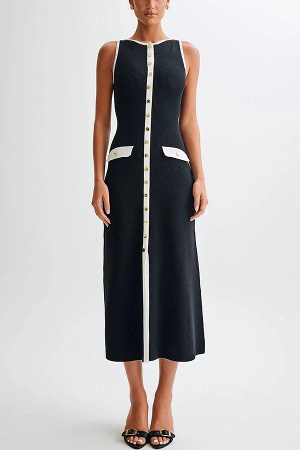 Elegantes Slim Fit Rundhalsausschnitt Ärmelloses Midi-Strickkleid mit Knöpfen