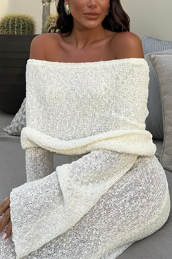 Marisol – Schulterfreies, drapiertes Maxikleid aus geripptem Bouclé-Material mit Stretchanteil für den Urlaub