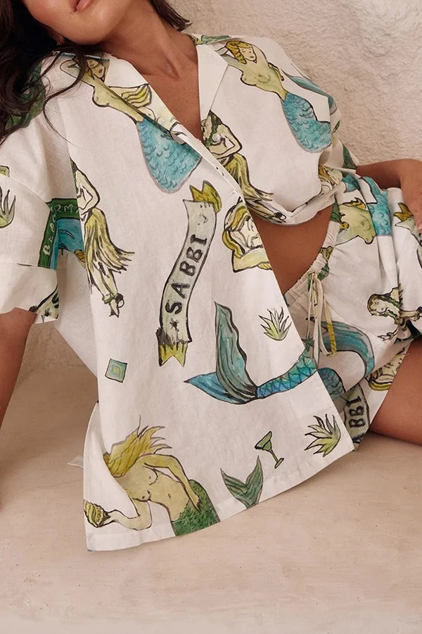 Set aus Hemdoberteil aus Leinenmischung mit Meerjungfrauen-Print und lockeren Shorts mit elastischem Bund