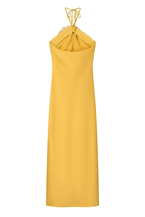 Fashionable Beaded Large Flower Decoration Halter Neck Backless Maxi Dress