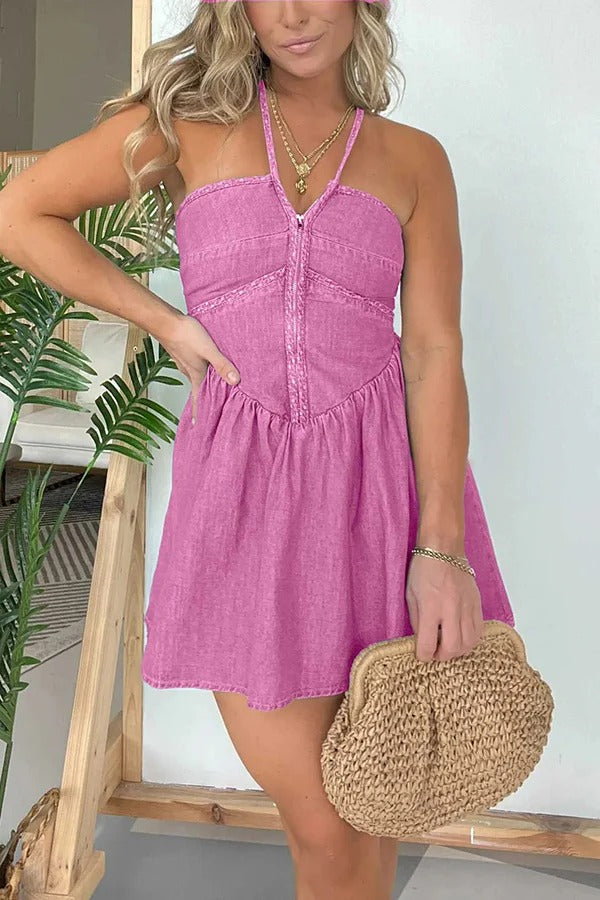 Sexy Neckholder-Minikleid aus Denim mit rückenfreiem Reißverschluss vorne