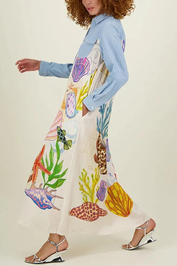 Take A Trip Marine Elements Einzigartiger Patchwork-Druck mit Taschen, langer Hemdmantel