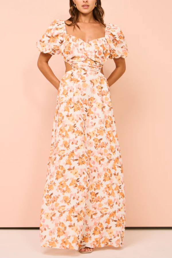 Elastische Puffärmel, plissierte Taille hinten, hohl, süßer langer Rock