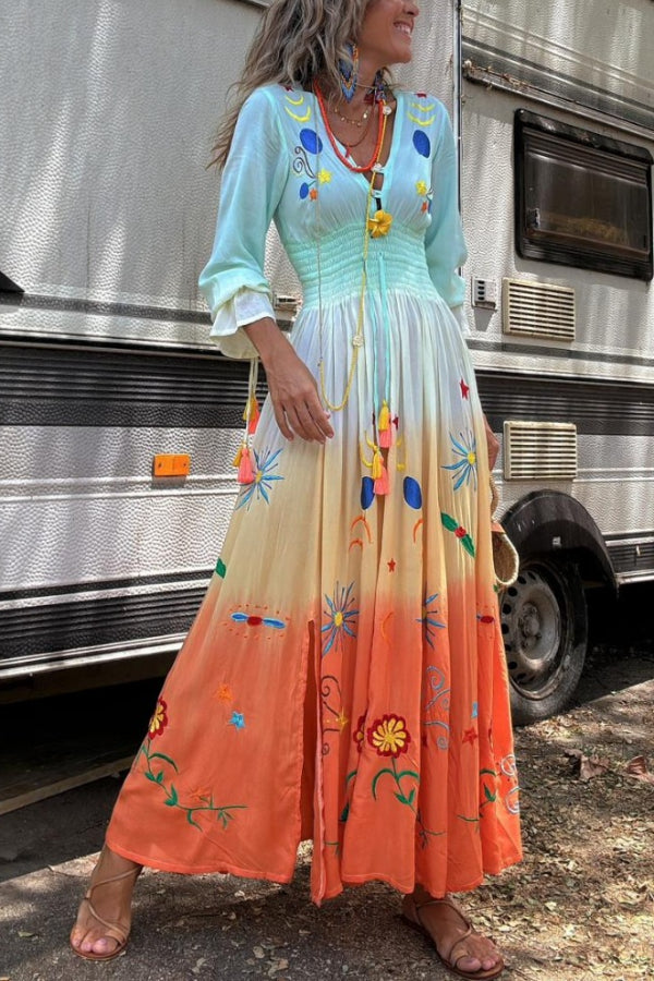 Robe longue à franges et taille élastique à imprimé dégradé Gigi