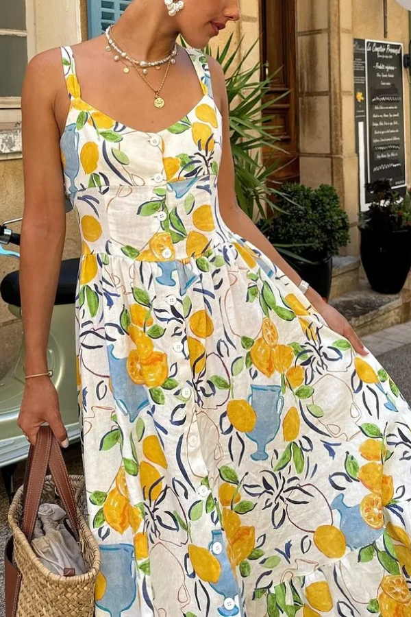 Bedrucktes Midikleid aus Leinenmischung