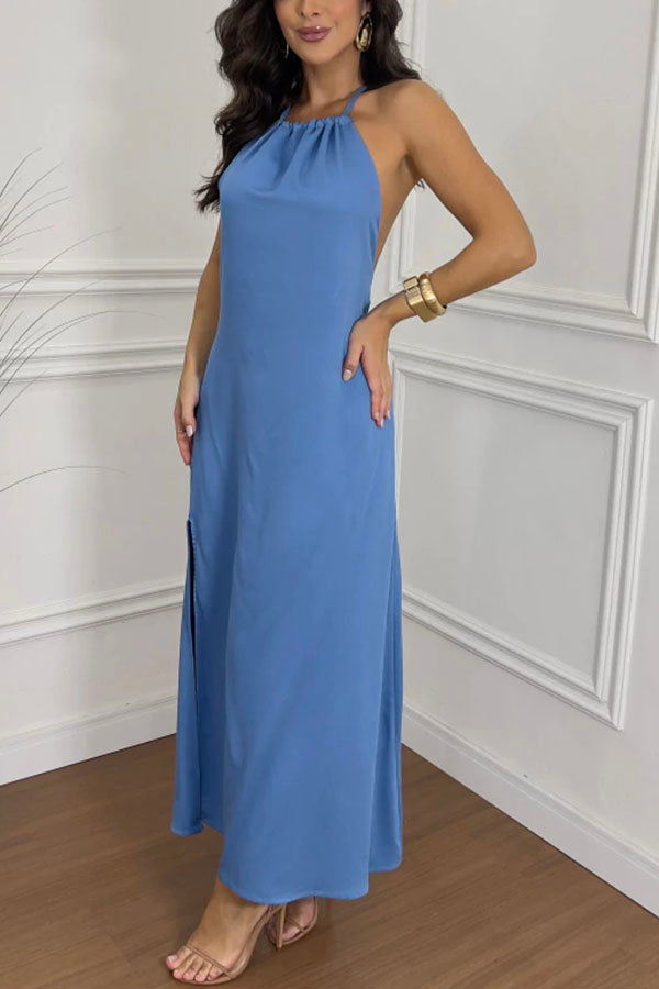 Chasing Sunlight – Rückenfreies A-Linien-Maxikleid mit Neckholder, Quaste und Schlitz