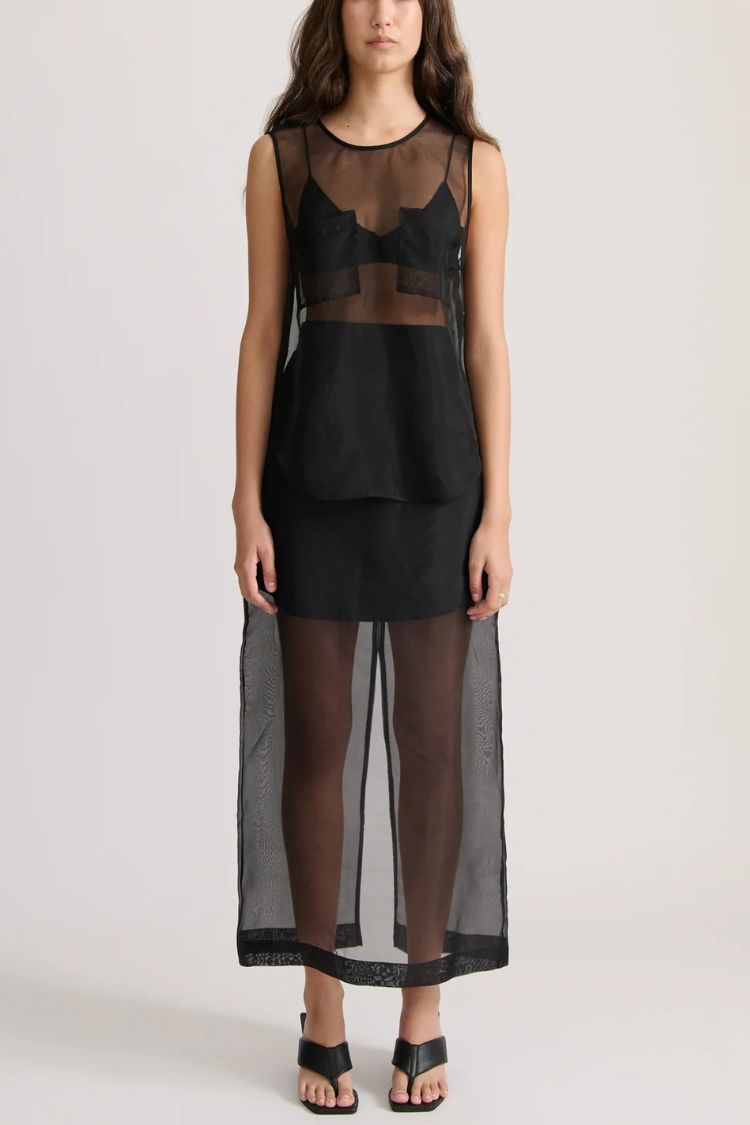 Ensemble débardeur oversize à poches en organza transparent moderne et jupe midi fendue taille haute