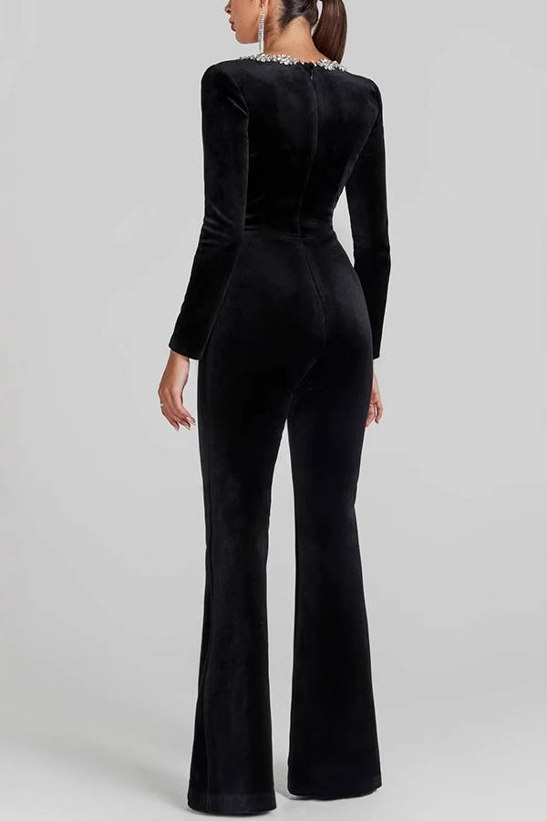 Velvet rhinestone square neck flared jumpsuit