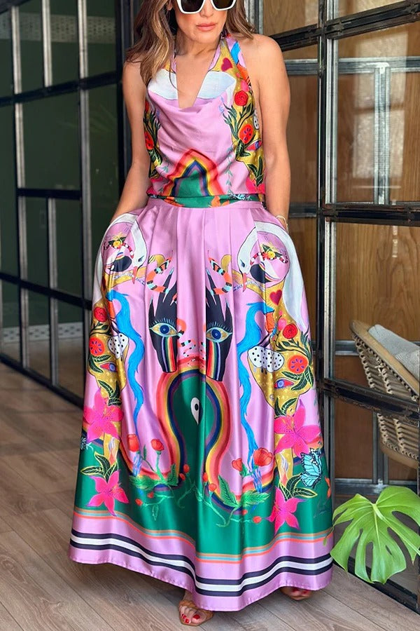 Robe longue dos nu en satin Evangeline à imprimé unique et poches nouées au dos