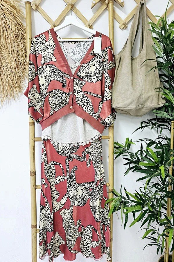 Abbie – Satin-Maxirock mit Tiger-Print und hohem Bund und elastischer Taille