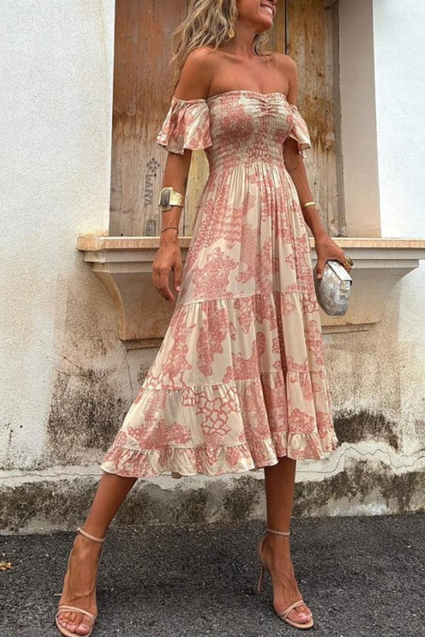 Pitaya – Schulterfreies Midikleid mit gesmokten Rüschenärmeln und einzigartigem Druck