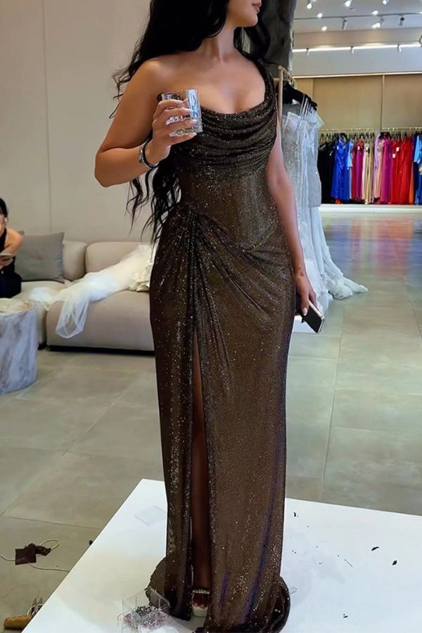 Glitzy Gala Glitter Fabric One Shoulder Ruched Slit Maxi Dress