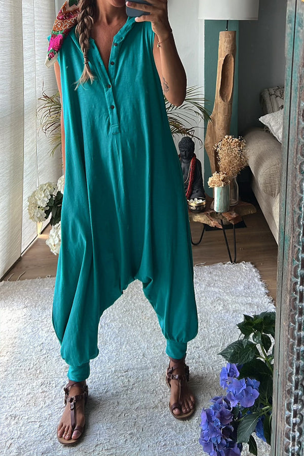 Let's Chill – Lockerer Jumpsuit mit Taschen und halbhoher Knopfleiste und Kapuze