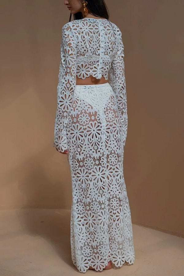 Balmy Summers Maxirock mit Häkelspitze und Blumenmuster, elastischer Bund, Fischschwanz, Urlaub