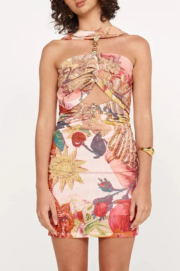 Geneva Mesh-Rosetten-Metall-Ausschnitt-Rüschen-Stretch-Minikleid