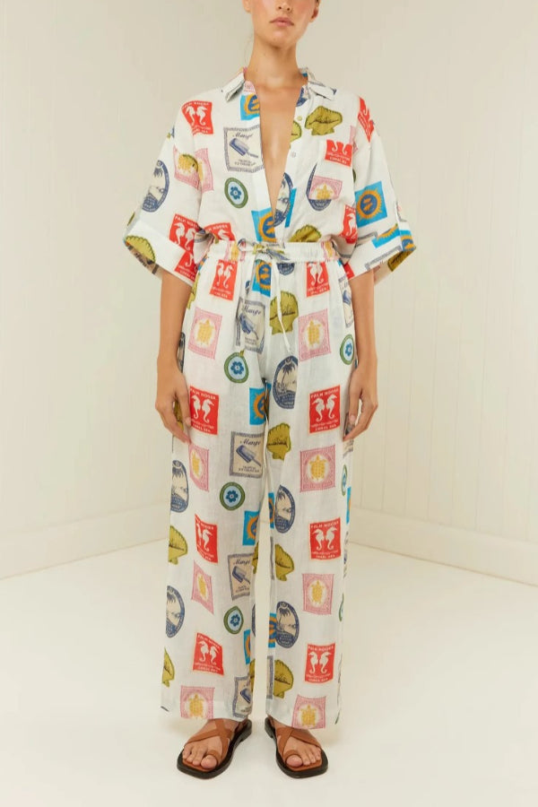 Modisches bedrucktes Leinenhemd mit Cardigan-Hose für alle Gelegenheiten