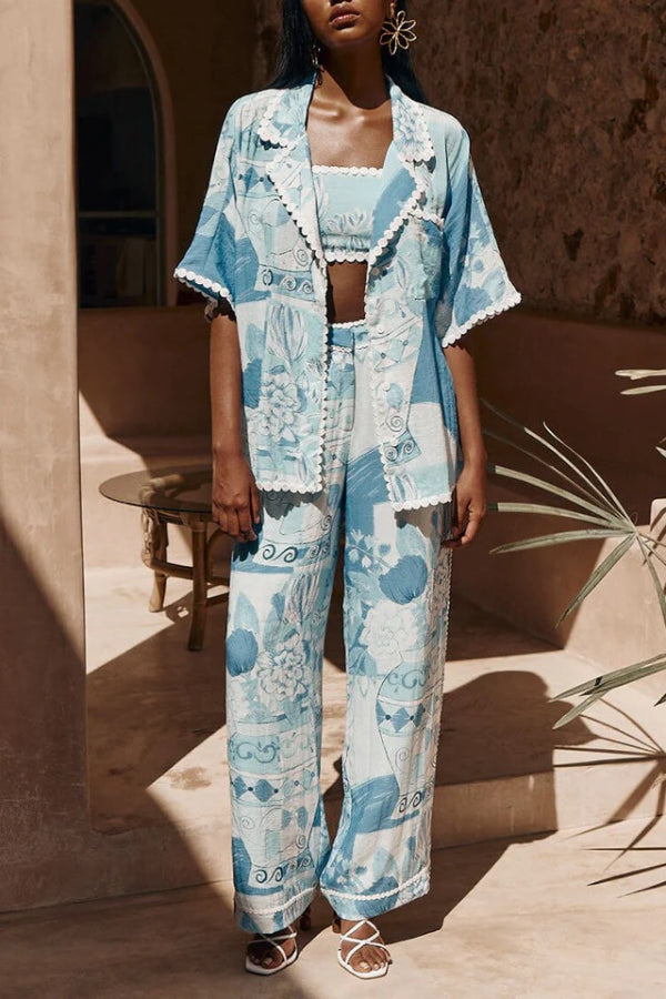 Tyra – Hose mit Zickzack-Besatz und einzigartigem Druck und weitem Bein