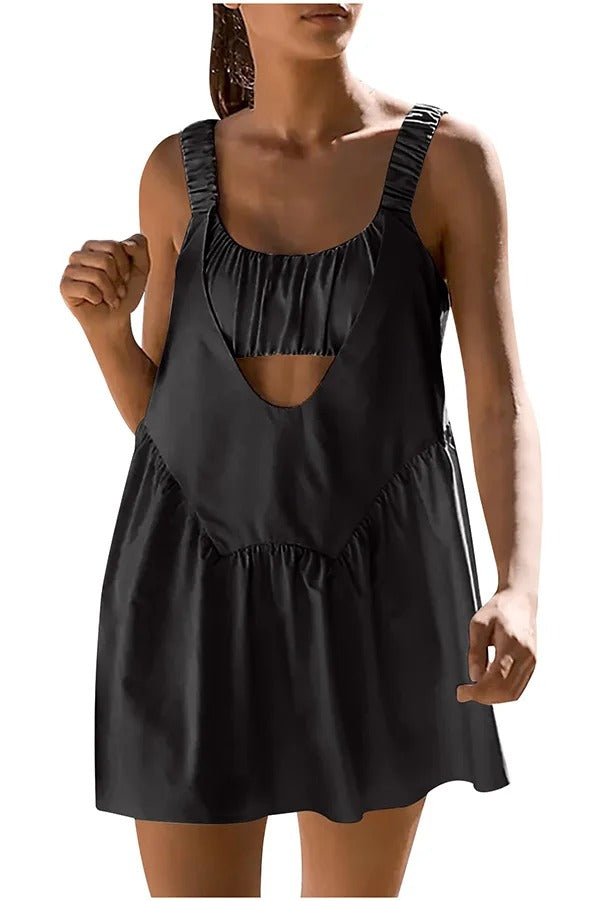 Sommerliches, sportliches, ärmelloses, rückenfreies Minikleid aus Leinenmischung