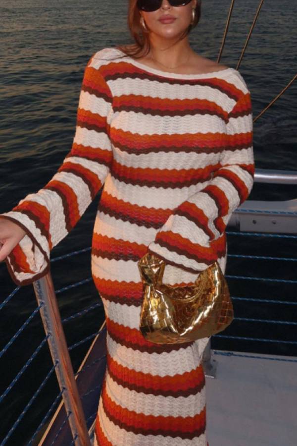 Damen Langarm Rundhalsausschnitt Rückenfrei Gestreift Figurbetontes Pulloverkleid Rippstrick Maxi Lange Kleider