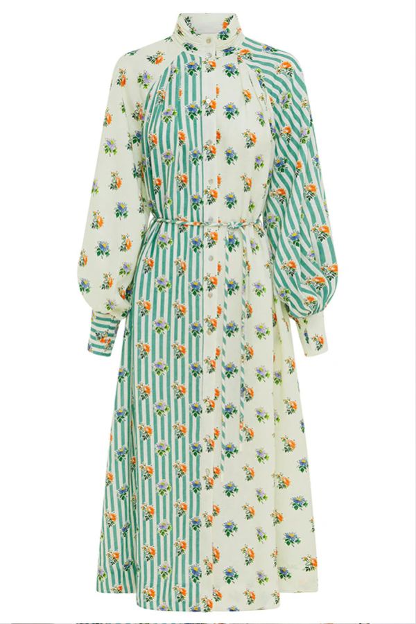 Lockeres Midikleid mit Blumen- und Streifenmuster, langen Ärmeln und Bindegürtel