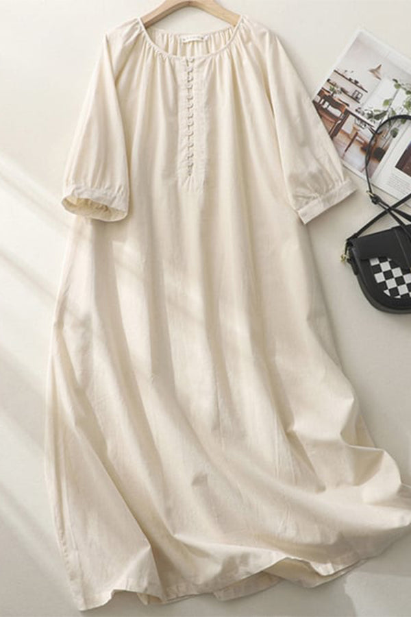 Damen Art Vintage Kleid mit Knopfkragen und langen Ärmeln