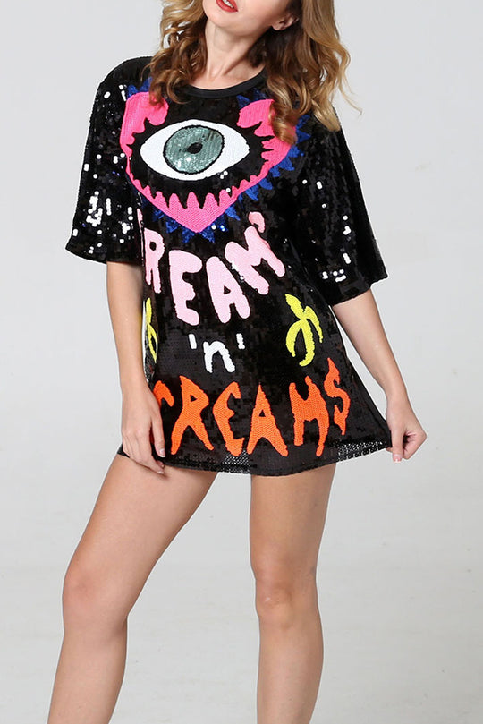 Lockeres T-Shirt mit Pailletten und Love Eyes Letters, Rundhalsausschnitt, kurzen Ärmeln und mittlerer Länge