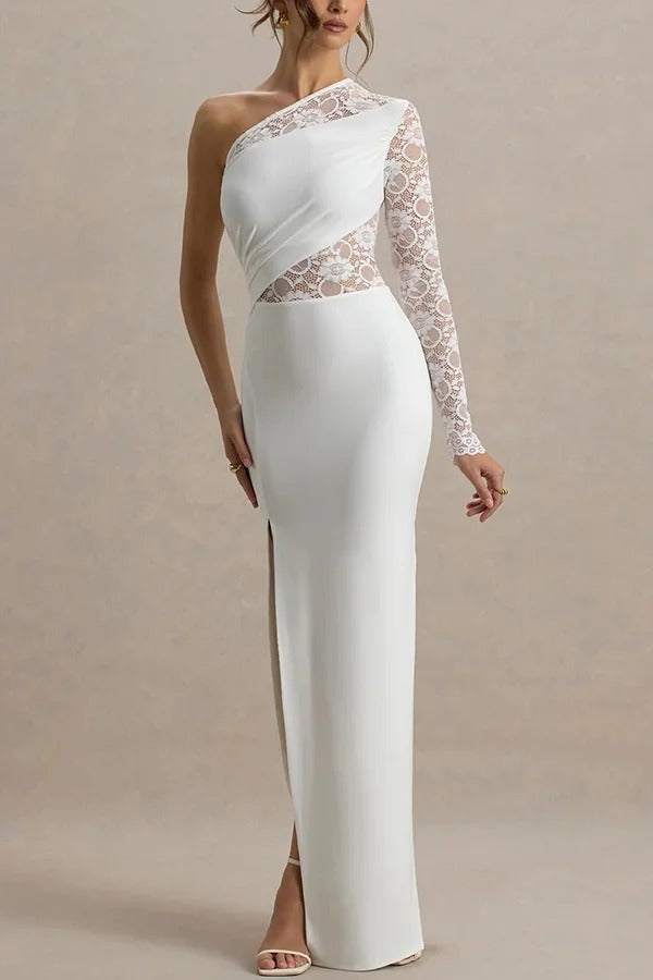 Modern Elegance Floral Lace Patchwork One Shoulder Slit Stretch Maxi Dress