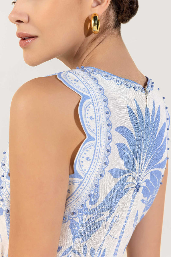 Ärmelloses Midikleid mit gewelltem Rand und Palmenprint „Niara“