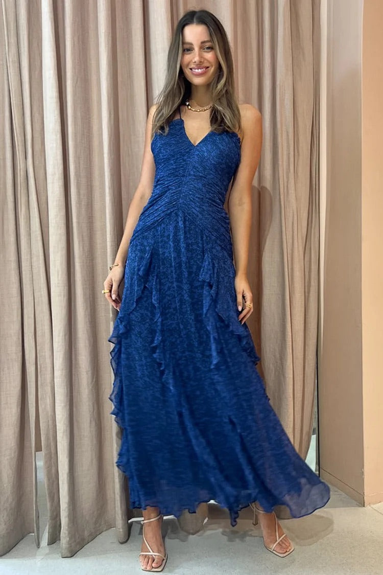 Cami Unregelmäßiger Hals Rüschen Geraffte Rückenfreie Tüll Cocktail Party Muster Druck Maxi Kleider