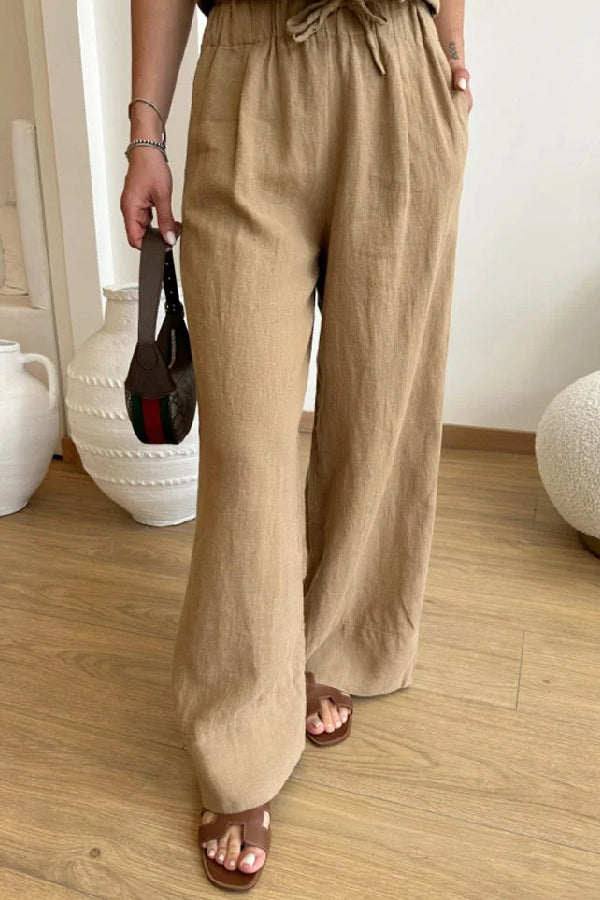 Lässiges, einfarbiges Weste- und Schnürhose-Zweiteiler-Set aus Baumwolle und Leinen