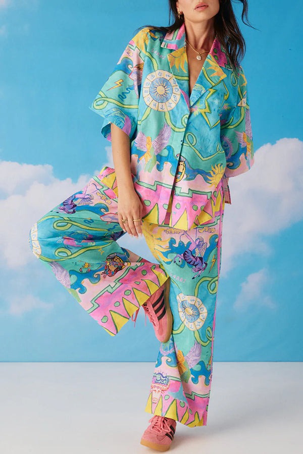 Leinenmischung mit einzigartigem Druck, kurzärmliger Knopfleiste und Oversize-Bluse