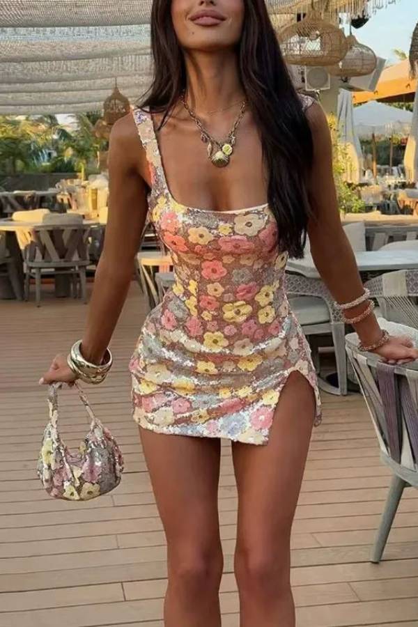 Sequined Flower Sexy Square Neck Slim Fit Mini Dress