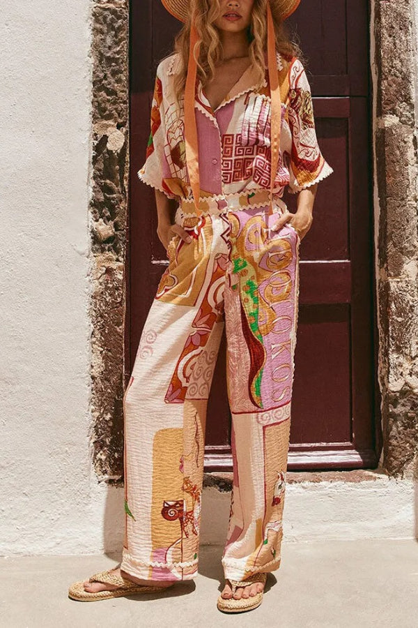 Tia Leinenmischung mit Zickzack-Besatz, einzigartigem Aufdruck, Tanktop + Hemd + Hosenset mit Taschen (3-teilig)