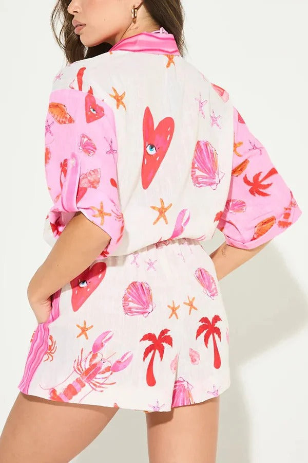 Ensemble très attendu en mélange de lin, chemise ample à boutons et imprimé unique, et short à poches à taille élastique