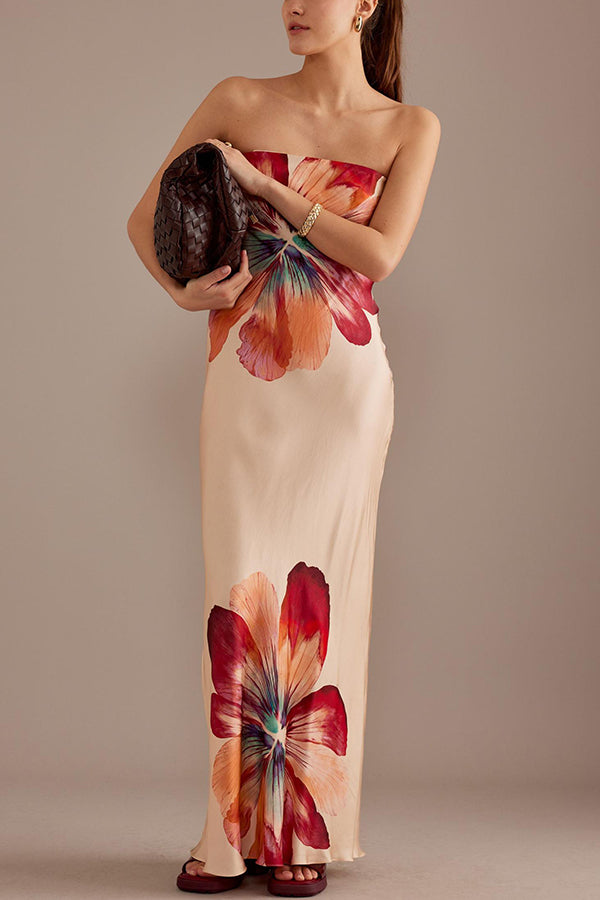 Charming Lady Satin Bandeau Maxikleid mit Blumendruck