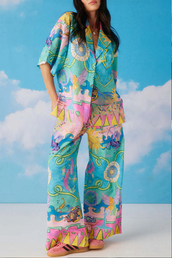 Leinenmischung mit einzigartigem Druck, kurzärmliger Knopfleiste und Oversize-Bluse