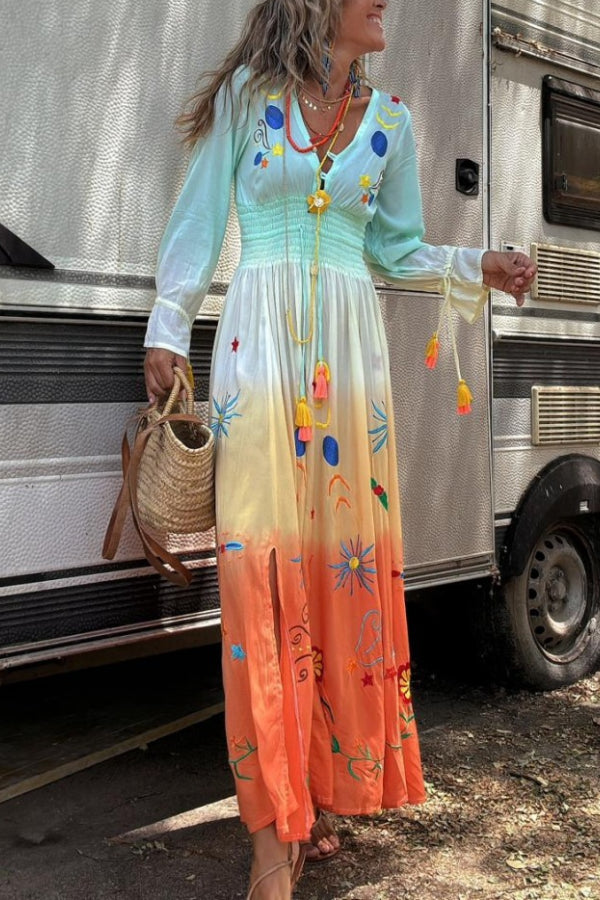 Robe longue à franges et taille élastique à imprimé dégradé Gigi