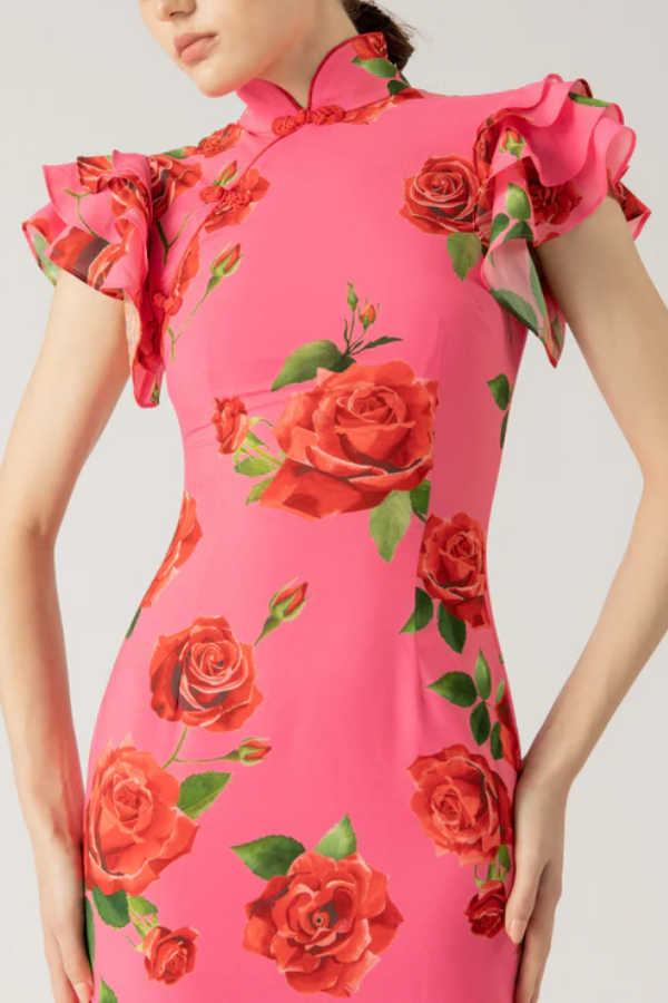 Robe longue extensible à manches évasées et à imprimé floral rose style cheongsam