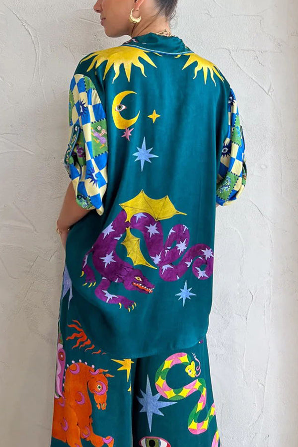 Beachy Chic Leinenmischung Einzigartiger Druck Button-Down Oversize Bluse