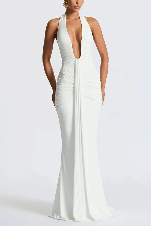 Solid Color Elegant Halterneck V-neck Open Back Tie Gathered Maxi Dress