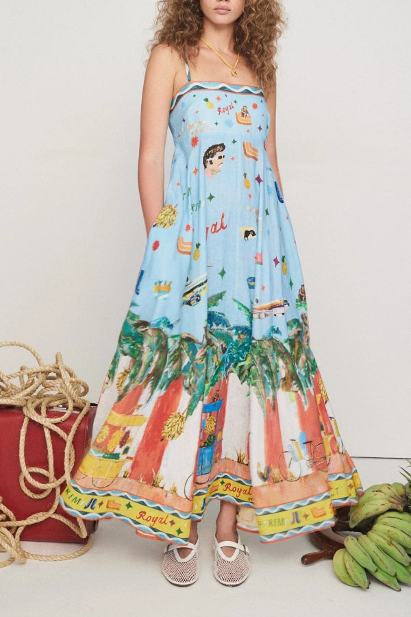 Summer Energy – Midikleid aus Leinenmischung mit einzigartigem Druck, gesmokten Rückentaschen