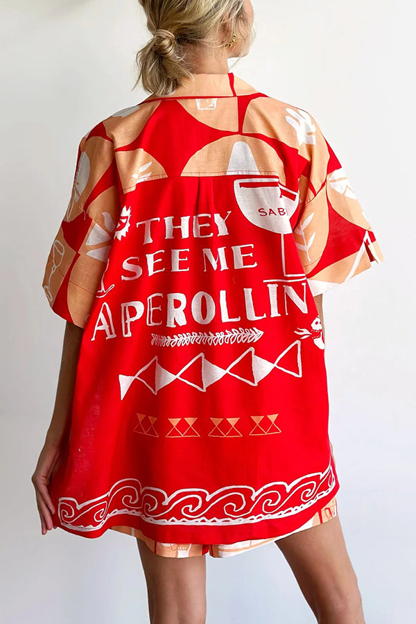 Set aus einzigartig bedrucktem Hemdoberteil aus Leinenmischung und lockeren Shorts mit Taschen und elastischer Taille